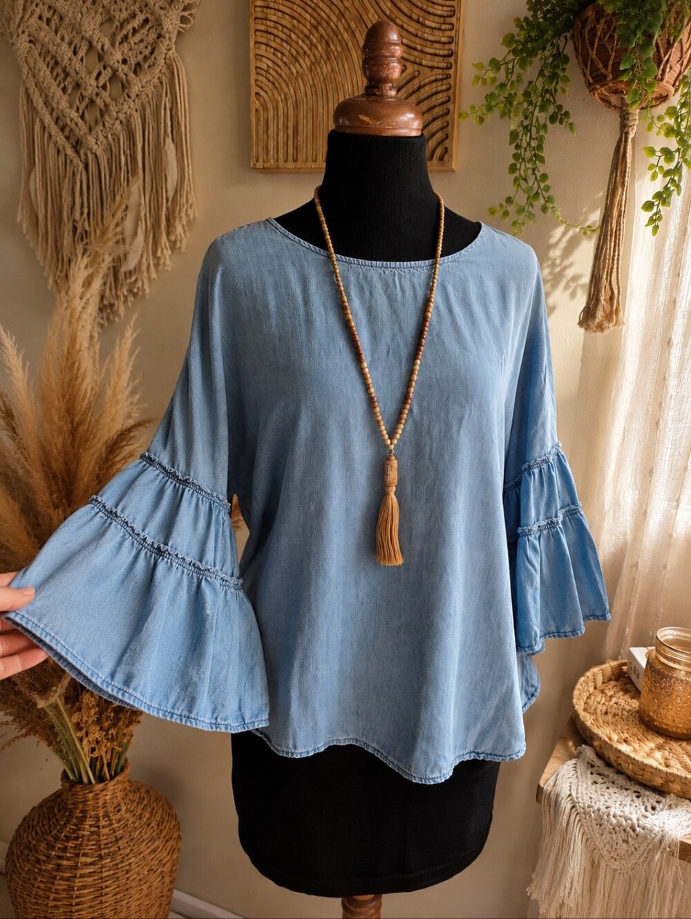 Liverpool Light Wash Chambray BOHO Top Flare Sleeve- Pale Blue Medium
